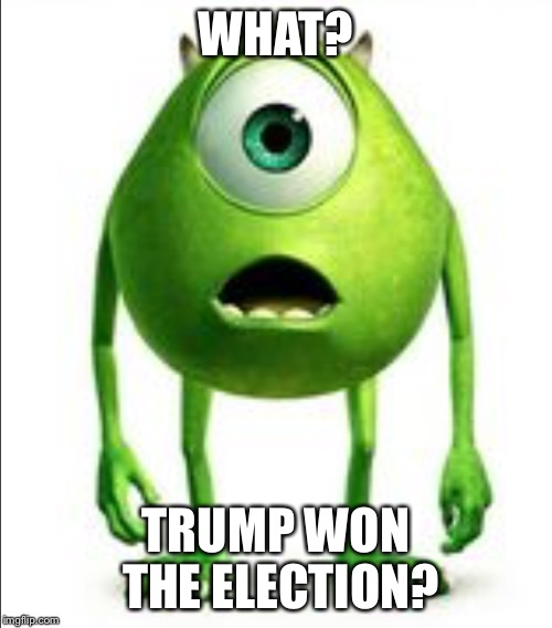Mike Wasowski What? | WHAT? TRUMP WON THE ELECTION? | image tagged in mike wazowski | made w/ Imgflip meme maker