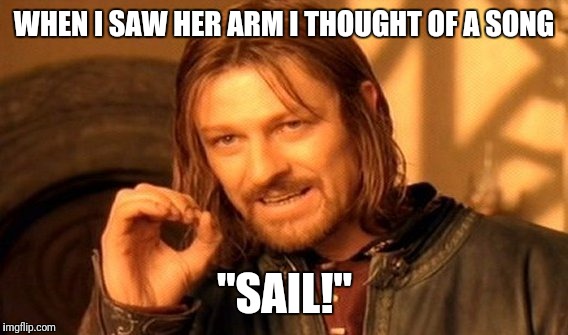 One Does Not Simply Meme | WHEN I SAW HER ARM I THOUGHT OF A SONG "SAIL!" | image tagged in memes,one does not simply | made w/ Imgflip meme maker