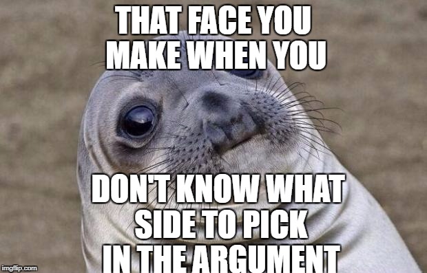 Awkward Moment Sealion | THAT FACE YOU MAKE WHEN YOU; DON'T KNOW WHAT SIDE TO PICK IN THE ARGUMENT | image tagged in memes,awkward moment sealion | made w/ Imgflip meme maker