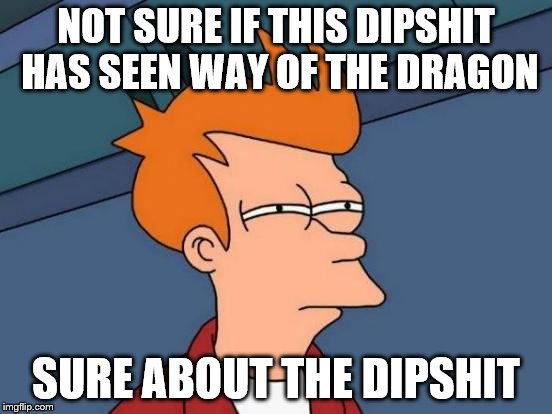 Futurama Fry Meme | NOT SURE IF THIS DIPSHIT HAS SEEN WAY OF THE DRAGON SURE ABOUT THE DIPSHIT | image tagged in memes,futurama fry | made w/ Imgflip meme maker