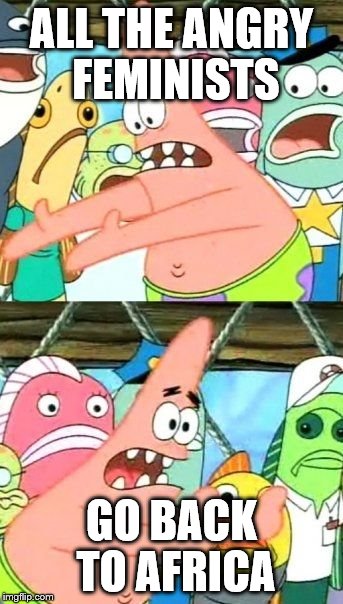 Put It Somewhere Else Patrick Meme | ALL THE ANGRY FEMINISTS; GO BACK TO AFRICA | image tagged in memes,put it somewhere else patrick | made w/ Imgflip meme maker