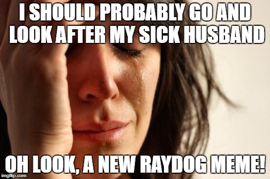 I'll probably be Lynched for this... | I SHOULD PROBABLY GO AND LOOK AFTER MY SICK HUSBAND OH LOOK, A NEW RAYDOG MEME! | image tagged in memes,first world problems | made w/ Imgflip meme maker