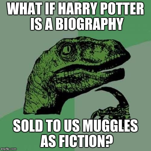 Philosoraptor Meme | WHAT IF HARRY POTTER IS A BIOGRAPHY; SOLD TO US MUGGLES AS FICTION? | image tagged in memes,philosoraptor | made w/ Imgflip meme maker