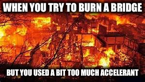 Only Wanted To Burn The Bridge | WHEN YOU TRY TO BURN A BRIDGE; BUT YOU USED A BIT TOO MUCH ACCELERANT | image tagged in watch the world burn,oops,bridge,burn baby burn,destroy,chaos | made w/ Imgflip meme maker
