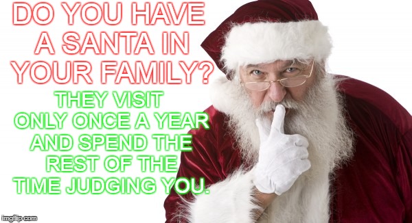 If you can't think of one, it is probably you! | DO YOU HAVE A SANTA IN YOUR FAMILY? THEY VISIT ONLY ONCE A YEAR AND SPEND THE REST OF THE TIME JUDGING YOU. | image tagged in santa clause,christmas memes,family,holidays,judgmental | made w/ Imgflip meme maker
