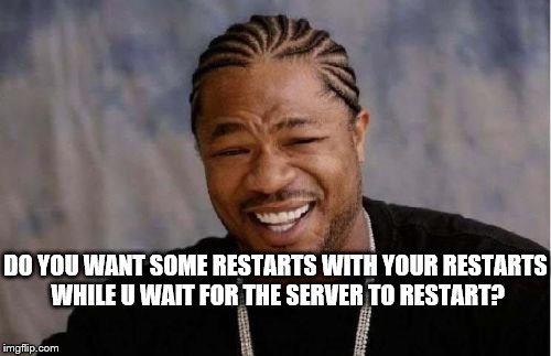 Yo Dawg Heard You Meme | DO YOU WANT SOME RESTARTS WITH YOUR RESTARTS WHILE U WAIT FOR THE SERVER TO RESTART? | image tagged in memes,yo dawg heard you | made w/ Imgflip meme maker