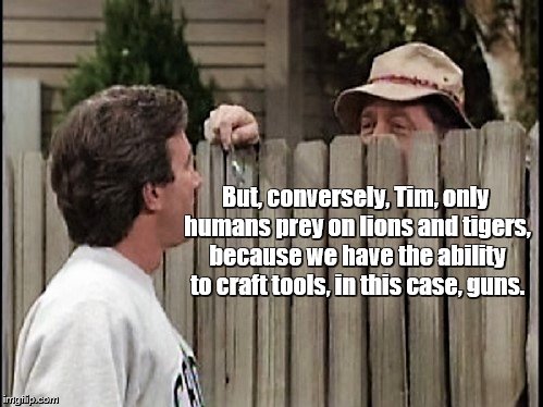 Home Improvement Tim and Wilson | But, conversely, Tim, only humans prey on lions and tigers, because we have the ability to craft tools, in this case, guns. | image tagged in home improvement tim and wilson | made w/ Imgflip meme maker