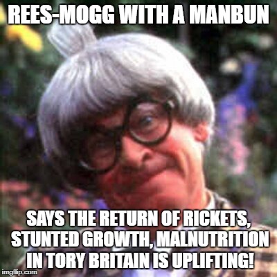 REES-MOGG WITH A MANBUN; SAYS THE RETURN OF RICKETS, STUNTED GROWTH, MALNUTRITION IN TORY BRITAIN IS UPLIFTING! | image tagged in reesmajika | made w/ Imgflip meme maker