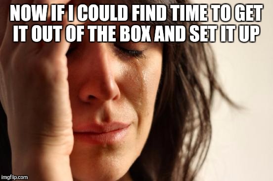 First World Problems Meme | NOW IF I COULD FIND TIME TO GET IT OUT OF THE BOX AND SET IT UP | image tagged in memes,first world problems | made w/ Imgflip meme maker