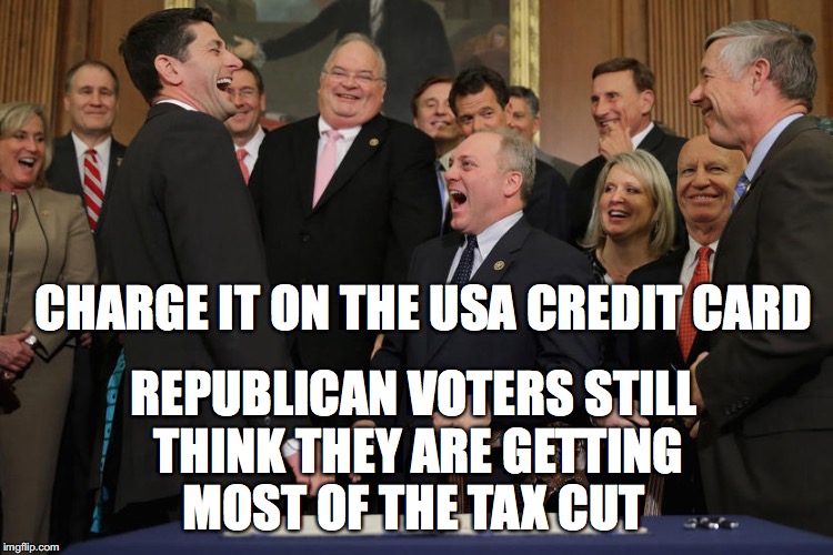 Suckers are Born Every Minute | REPUBLICAN VOTERS STILL THINK THEY ARE GETTING MOST OF THE TAX CUT; CHARGE IT ON THE USA CREDIT CARD | image tagged in republicans | made w/ Imgflip meme maker