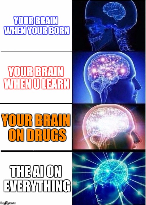 Expanding Brain | YOUR BRAIN WHEN YOUR BORN; YOUR BRAIN WHEN U LEARN; YOUR BRAIN ON DRUGS; THE AI ON EVERYTHING | image tagged in memes,expanding brain,sniper | made w/ Imgflip meme maker
