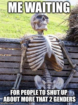Waiting Skeleton Meme | ME WAITING FOR PEOPLE TO SHUT UP ABOUT MORE THAT 2 GENDERS | image tagged in memes,waiting skeleton | made w/ Imgflip meme maker