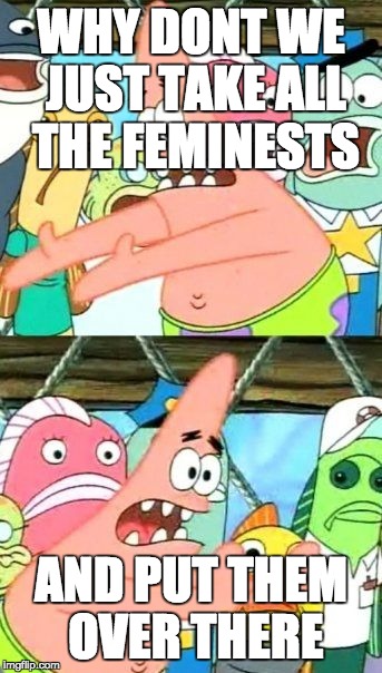 Put It Somewhere Else Patrick | WHY DONT WE JUST TAKE ALL THE FEMINESTS; AND PUT THEM OVER THERE | image tagged in memes,put it somewhere else patrick | made w/ Imgflip meme maker