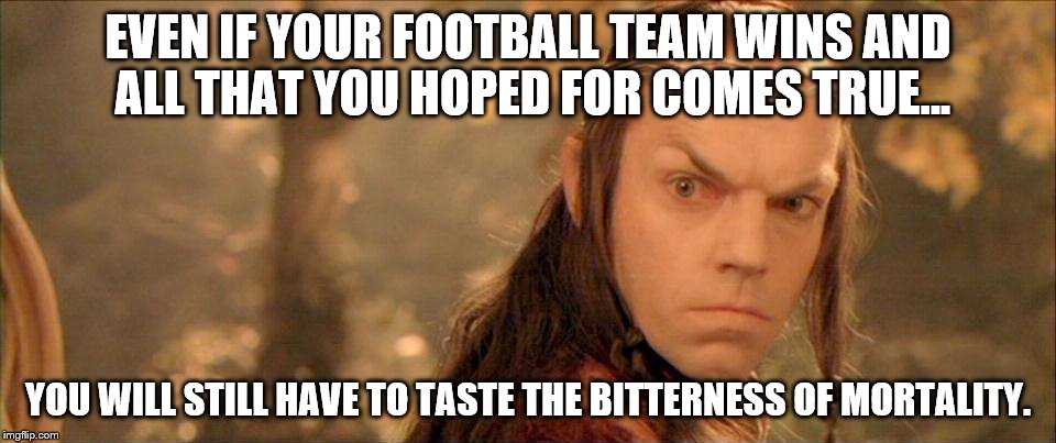 EVEN IF YOUR FOOTBALL TEAM WINS AND ALL THAT YOU HOPED FOR COMES TRUE... YOU WILL STILL HAVE TO TASTE THE BITTERNESS OF MORTALITY. | image tagged in lotr,football | made w/ Imgflip meme maker