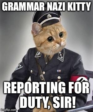 Grammar Nazi Cat | GRAMMAR NAZI KITTY; REPORTING FOR DUTY, SIR! | image tagged in grammar nazi cat | made w/ Imgflip meme maker