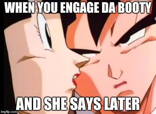 goku 2 | WHEN YOU ENGAGE DA BOOTY; AND SHE SAYS LATER | image tagged in goku 2 | made w/ Imgflip meme maker