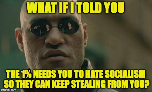 Matrix Morpheus Meme | WHAT IF I TOLD YOU; THE 1% NEEDS YOU TO HATE SOCIALISM SO THEY CAN KEEP STEALING FROM YOU? | image tagged in memes,matrix morpheus | made w/ Imgflip meme maker