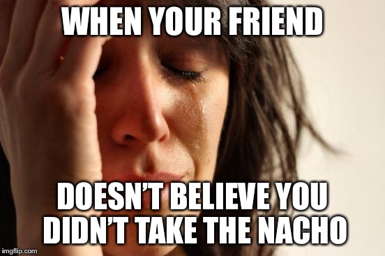 First World Problems | WHEN YOUR FRIEND; DOESN’T BELIEVE YOU DIDN’T TAKE THE NACHO | image tagged in memes,first world problems | made w/ Imgflip meme maker