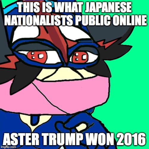 Grepepe | THIS IS WHAT JAPANESE NATIONALISTS PUBLIC ONLINE; ASTER TRUMP WON 2016 | image tagged in greninja,pepe,memes,pokemon | made w/ Imgflip meme maker