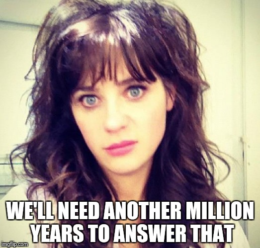 Zooey Deschanel | WE'LL NEED ANOTHER MILLION YEARS TO ANSWER THAT | image tagged in zooey deschanel | made w/ Imgflip meme maker