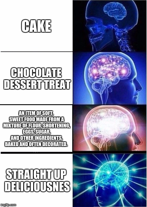 Expanding Brain | CAKE; CHOCOLATE DESSERT TREAT; AN ITEM OF SOFT, SWEET FOOD MADE FROM A MIXTURE OF FLOUR, SHORTENING, EGGS, SUGAR, AND OTHER INGREDIENTS, BAKED AND OFTEN DECORATED. STRAIGHT UP DELICIOUSNES | image tagged in memes,expanding brain | made w/ Imgflip meme maker