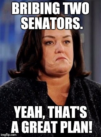 She's got 4 million dollars just sitting around. | BRIBING TWO SENATORS. YEAH, THAT'S A GREAT PLAN! | image tagged in suicidal rosie thoughts,bribery,congress,senate,liberal hypocrisy | made w/ Imgflip meme maker