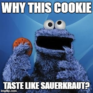 cookie monster | WHY THIS COOKIE; TASTE LIKE SAUERKRAUT? | image tagged in cookie monster | made w/ Imgflip meme maker