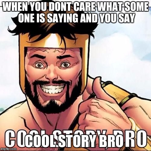 Cool Story Bro |  WHEN YOU DONT CARE WHAT SOME ONE IS SAYING AND YOU SAY; COOL STORY BRO | image tagged in memes,cool story bro | made w/ Imgflip meme maker