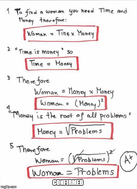 women= problem....
                                    confirmed | CONFIRMED | image tagged in memes,funny,ssby | made w/ Imgflip meme maker