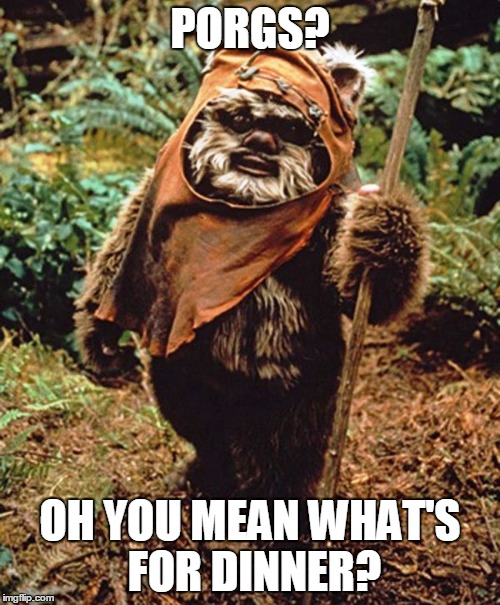 Stay woke - ewoke. | PORGS? OH YOU MEAN WHAT'S FOR DINNER? | image tagged in dorm wars ewok,memes,ewok,return of the jedi,the last jedi,porg | made w/ Imgflip meme maker