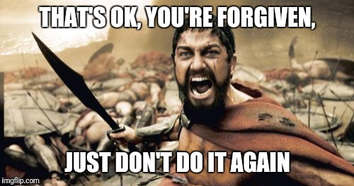 Don't do it again | THAT'S OK, YOU'RE FORGIVEN, JUST DON'T DO IT AGAIN | image tagged in memes,sparta leonidas,forgiven,ok,dont do it again | made w/ Imgflip meme maker
