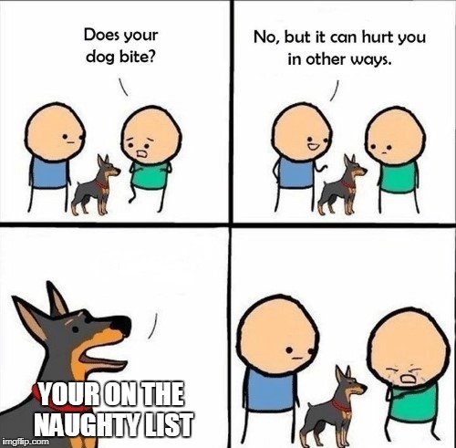 does your dog bite | YOUR ON THE NAUGHTY LIST | image tagged in does your dog bite | made w/ Imgflip meme maker