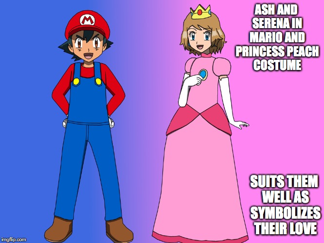 Armorshipping Halloween | ASH AND SERENA IN MARIO AND PRINCESS PEACH COSTUME; SUITS THEM WELL AS SYMBOLIZES THEIR LOVE | image tagged in amourshipping,pokemon,super mario,ash ketchum,serena,memes | made w/ Imgflip meme maker