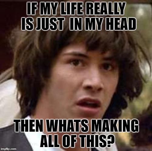 Conspiracy Keanu | IF MY LIFE REALLY  IS JUST  IN MY HEAD; THEN WHATS MAKING  ALL OF THIS? | image tagged in memes,conspiracy keanu | made w/ Imgflip meme maker