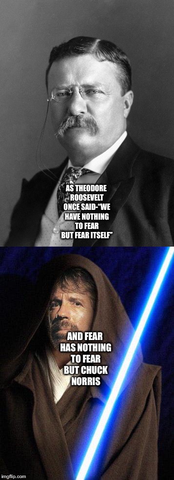 Theodore Roosevelt and Chuck Norris  | AS THEODORE ROOSEVELT ONCE SAID-“WE HAVE NOTHING TO FEAR BUT FEAR ITSELF”; AND FEAR HAS NOTHING TO FEAR BUT CHUCK NORRIS | image tagged in funny memes | made w/ Imgflip meme maker