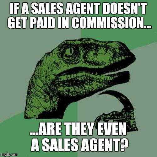 Philosoraptor Meme | IF A SALES AGENT DOESN'T GET PAID IN COMMISSION... ...ARE THEY EVEN A SALES AGENT? | image tagged in memes,philosoraptor | made w/ Imgflip meme maker