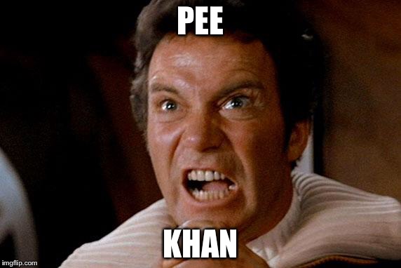 Star Trek Kirk Khan | PEE; KHAN | image tagged in star trek kirk khan | made w/ Imgflip meme maker