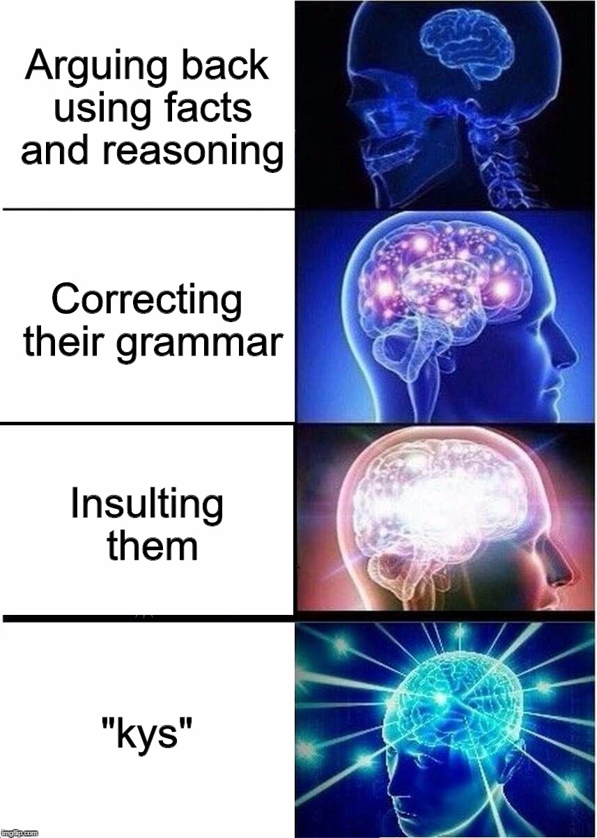 Expanding Brain Meme | Arguing back using facts and reasoning; Correcting their grammar; Insulting them; "kys" | image tagged in memes,expanding brain | made w/ Imgflip meme maker