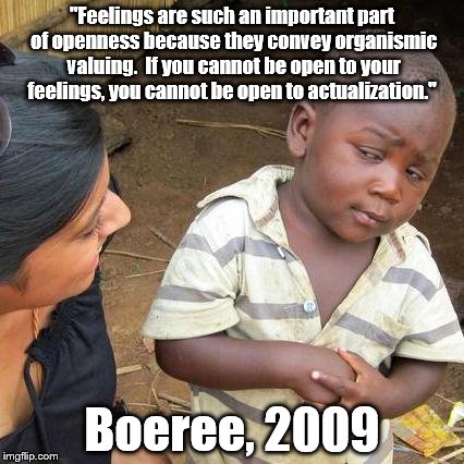 Whatcha talking about Boeree?! | "Feelings are such an important part of openness because they convey organismic valuing.  If you cannot be open to your feelings, you cannot be open to actualization."; Boeree, 2009 | image tagged in memes | made w/ Imgflip meme maker