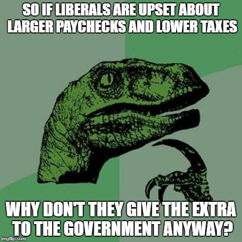 Philosoraptor Meme | SO IF LIBERALS ARE UPSET ABOUT LARGER PAYCHECKS AND LOWER TAXES; WHY DON'T THEY GIVE THE EXTRA TO THE GOVERNMENT ANYWAY? | image tagged in memes,philosoraptor | made w/ Imgflip meme maker