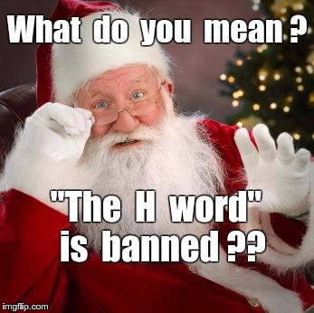 ANOTHER Santa Problem ! | What  do  you  mean ? "The  H  word"  is  banned ?? | image tagged in hold up santa,the h word,ho ho ho,liberal logic | made w/ Imgflip meme maker