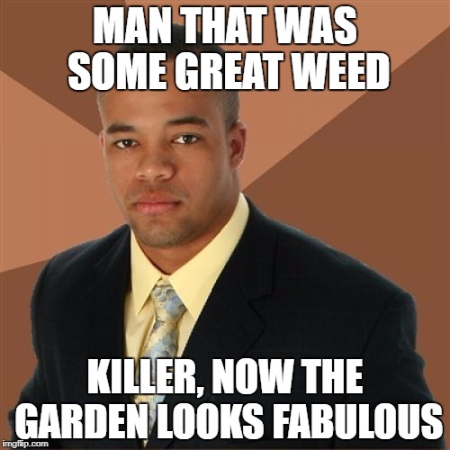 Getting ready for the visiting in-laws | MAN THAT WAS SOME GREAT WEED; KILLER, NOW THE GARDEN LOOKS FABULOUS | image tagged in successful black man | made w/ Imgflip meme maker