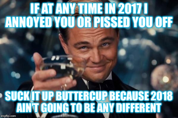 Leonardo Dicaprio Cheers Meme | IF AT ANY TIME IN 2017 I ANNOYED YOU OR PISSED YOU OFF; SUCK IT UP BUTTERCUP BECAUSE 2018 AIN’T GOING TO BE ANY DIFFERENT | image tagged in memes,leonardo dicaprio cheers | made w/ Imgflip meme maker