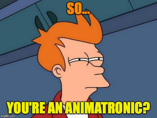 Futurama Fry Meme | SO... YOU'RE AN ANIMATRONIC? | image tagged in memes,futurama fry | made w/ Imgflip meme maker