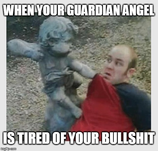 I know I put mine through the ringer! | WHEN YOUR GUARDIAN ANGEL; IS TIRED OF YOUR BULLSHIT | image tagged in guardian angel,angels,bible | made w/ Imgflip meme maker