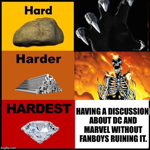 Degrees of hardness in comics | HAVING A DISCUSSION ABOUT DC AND MARVEL WITHOUT FANBOYS RUINING IT. | image tagged in marvel,dc comics,fanboys,wolverine,black panther,comics/cartoons | made w/ Imgflip meme maker