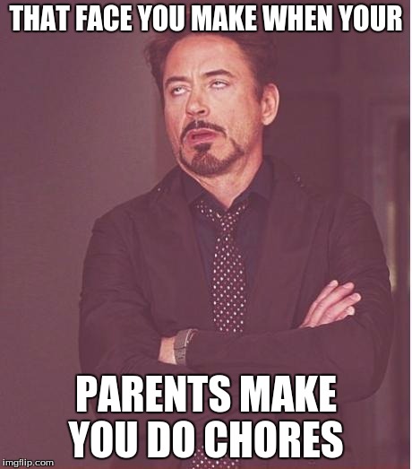 Face You Make Robert Downey Jr | THAT FACE YOU MAKE WHEN YOUR; PARENTS MAKE YOU DO CHORES | image tagged in memes,face you make robert downey jr | made w/ Imgflip meme maker