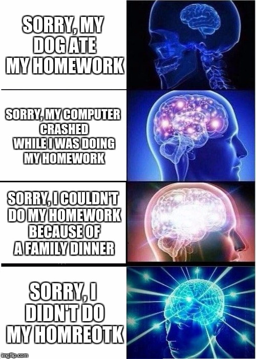Expanding Brain Meme | SORRY, MY DOG ATE MY HOMEWORK; SORRY, MY COMPUTER CRASHED WHILE I WAS DOING MY HOMEWORK; SORRY, I COULDN'T DO MY HOMEWORK BECAUSE OF A FAMILY DINNER; SORRY, I DIDN'T DO MY HOMREOTK | image tagged in memes,expanding brain,homework,dog ate homework,school | made w/ Imgflip meme maker