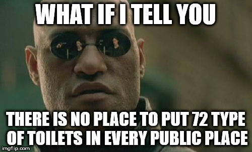 Matrix Morpheus Meme | WHAT IF I TELL YOU; THERE IS NO PLACE TO PUT 72 TYPE OF TOILETS IN EVERY PUBLIC PLACE | image tagged in memes,matrix morpheus | made w/ Imgflip meme maker