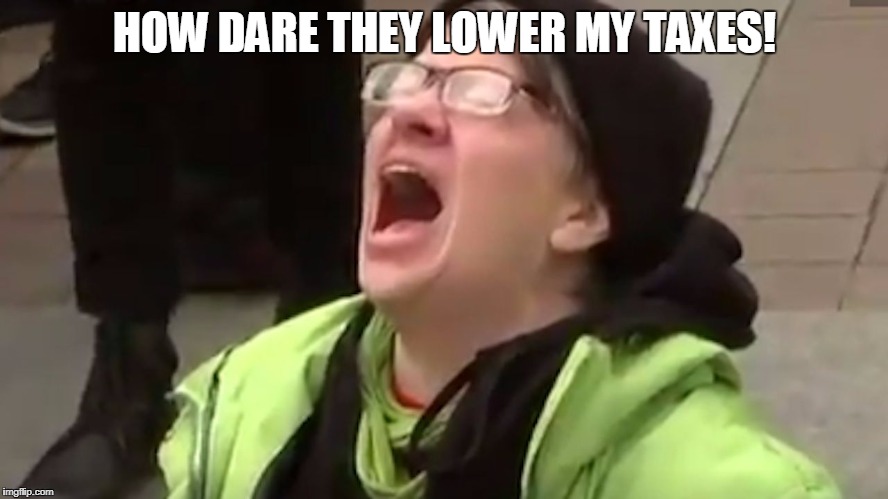 Screaming Liberal  | HOW DARE THEY LOWER MY TAXES! | image tagged in screaming liberal | made w/ Imgflip meme maker
